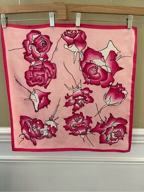 NWOT 21” x 21” Pink Rose Print Silk-Feel Scarf - Pink Floral Accent